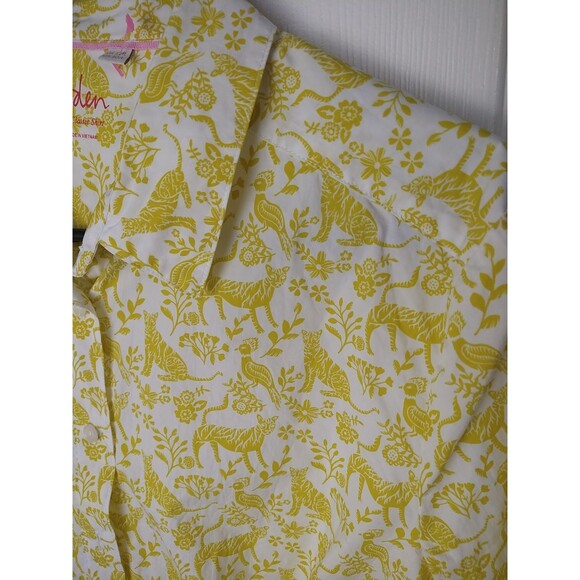 Boden Woman 10 LS Yellow White Cat Bird Floral Collared Button Classic Shirt - Picture 2 of 8